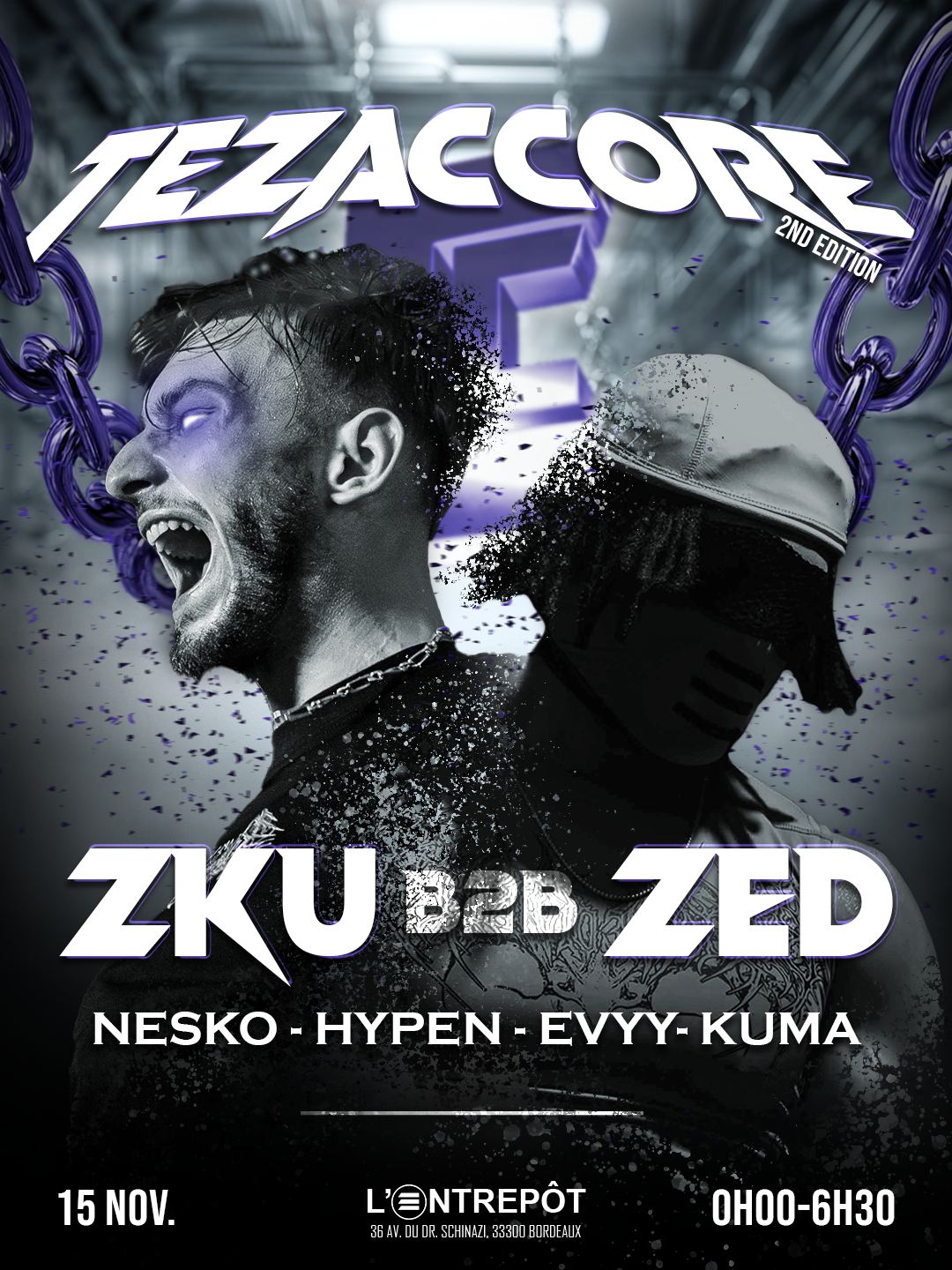 Affiche Tezaccore ZKU b2b ZED, portraits des deux artistes en noir et blanc